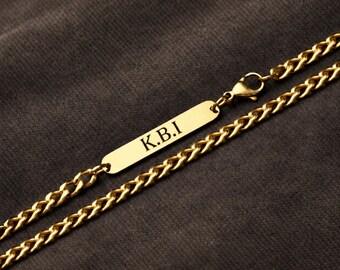 Personalised Mens Gold Curb Chain Necklace, Custom Engraved Bar