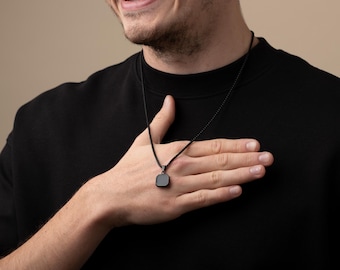 Square Black Onyx Pendant: Custom Engraved Chain
