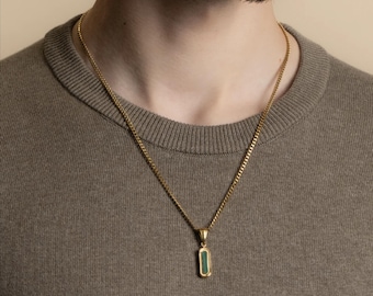 Gravieren Malachit Stein Anhänger Halskette, Personalisieren Anhänger Halskette, Benutzerdefinierte Schmuck für Männer, 18K Gold Minimalist Schmuck, Goldkette