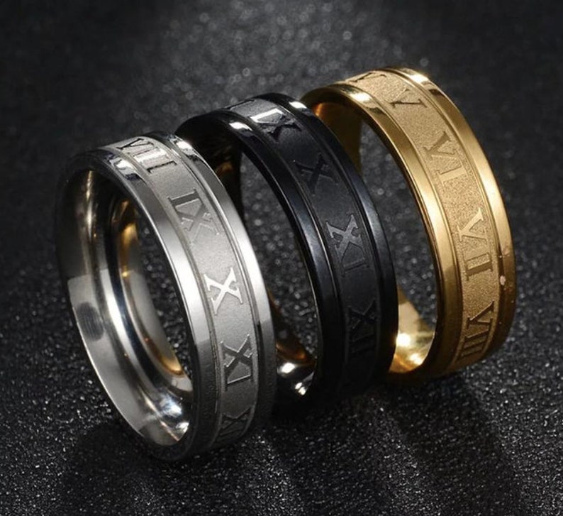 Roman numerals band ring mens and womans rings, silver, gold and black | 316L titanium steel Jewelry Unisex Ring Mens Womens Jewellery 