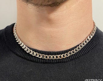 Silver 7mm 16inch Thick Necklace Chain Choker Cur Curb 7mm Stainless Steel Mens Silver Chain