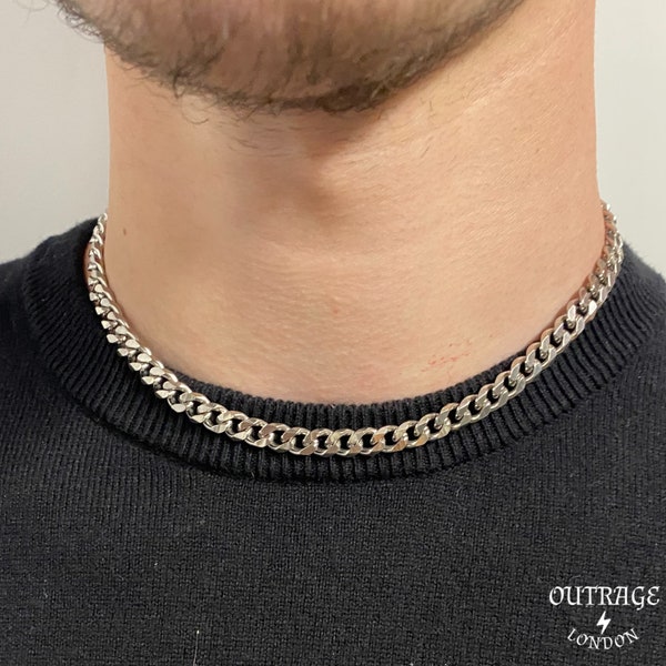 Silver 7mm 16inch Thick Necklace Chain Choker Cur Curb 7mm Stainless Steel Mens Silver Chain