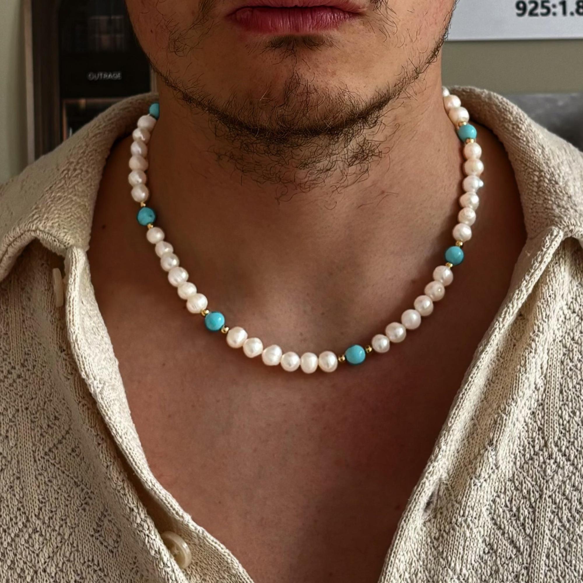 ターコイズストーン付きカスタム淡水真珠ネックレス、メンズ