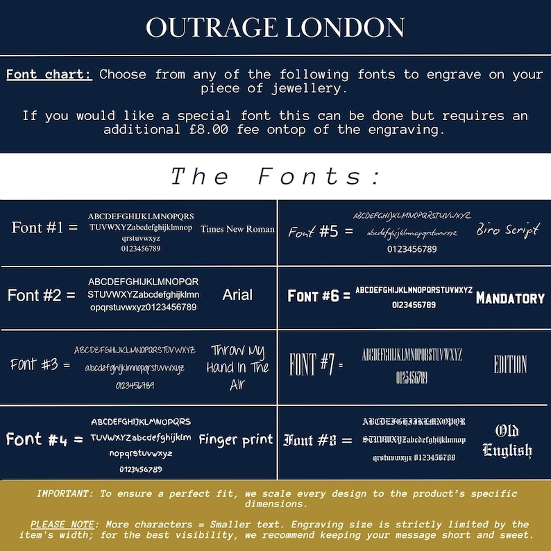 The image is a collection of various fonts and their corresponding sizes, which can be used for engraving on a piece of jewelry. The fonts include A, B, C, D, E, F, G, H, I, J, K, L, M, N, O, P, Q, R, S, T, U, V, W, X, Y, Z, and some others. The font chart provides a visual guide for choosing the appropriate font size based on the desired piece of jewelry.