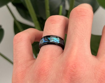 Schwarzer Abalone Band Ring | Griechische Muster Band Ring | Herren und Damen Ringe | Edelstahl Ring Schmuck | Unisex Ring Herren Damen Schmuck