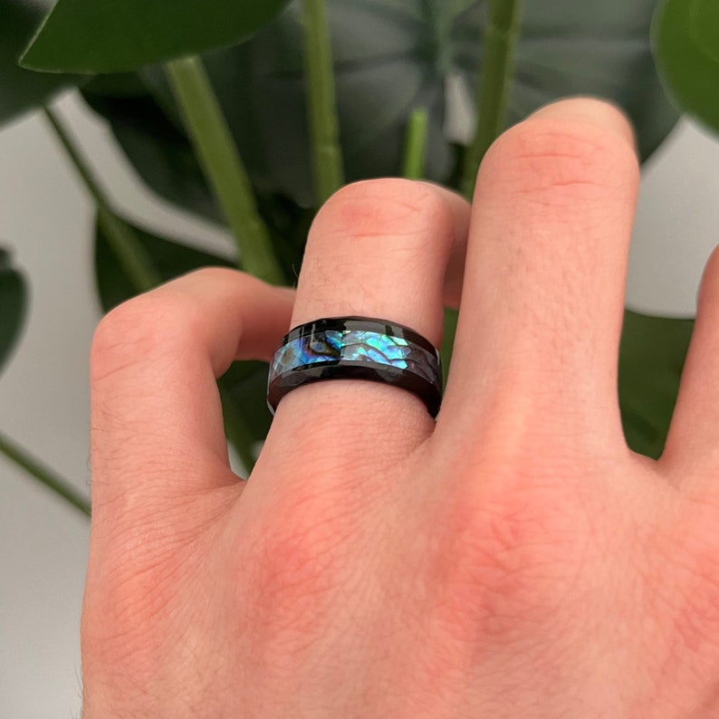 Zwarte abalone bandring Grieks patroon Bandring Heren en damesringen Roestvrij stalen ring sieraden Unisex ring heren dames sieraden afbeelding 3