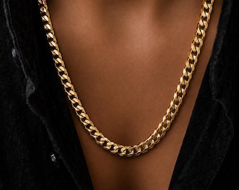 Mens Gold 11mm Curb Chain, Heavy Chunky Chain Necklace, Waterproof 18K Gold plated, Personalised Necklace, Engraved Jewelry, Gift for Him