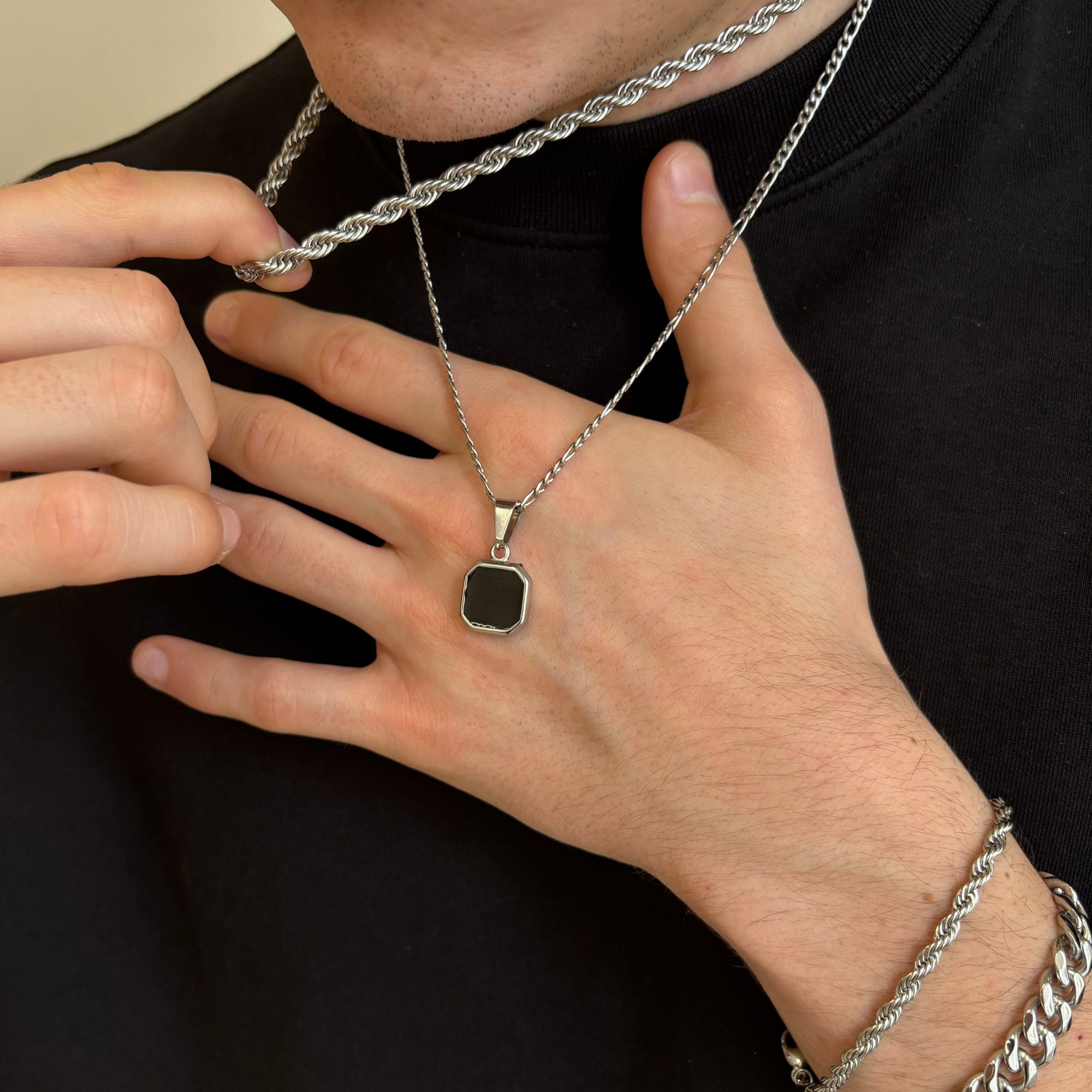 Mens Necklace Square Stone Pendants in Onyx, Moonstone and Mens Necklace Square Stone Pendants in Onyx, Moonstone and