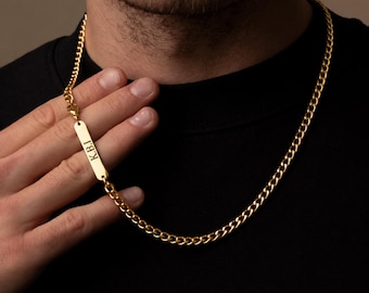 Personalised Mens Gold Curb Chain Necklace, Custom Engraved Bar