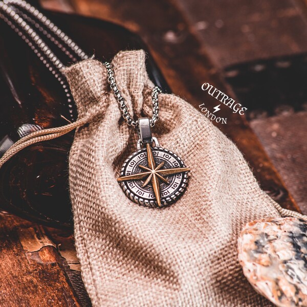 Compass Pendant And Chain Stainless Steel Silver And Gold Chain /Compass Pendant Necklace / Sailors Compass Necklace / MensFashionJewelry