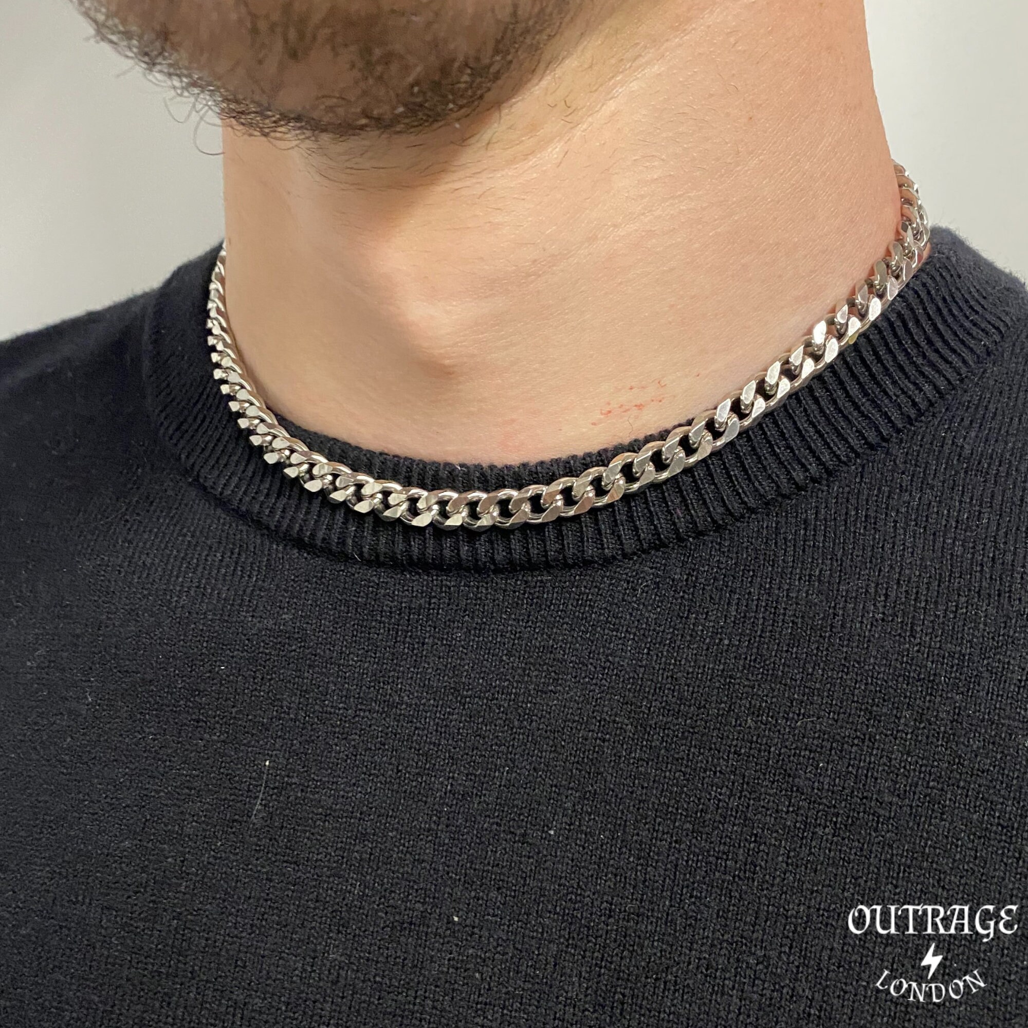 Silver 7mm 20inch Thick Choker Necklace Chain, Curb 7mm Stainless