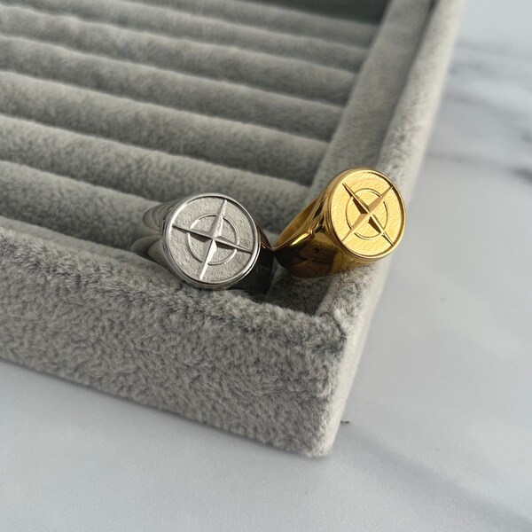 Compass Signet Ring | Gold and Silver Compass Ring | Statement Rings | Stainless Steel Ring Jewelry | Unisex Mens Womens Jewellery