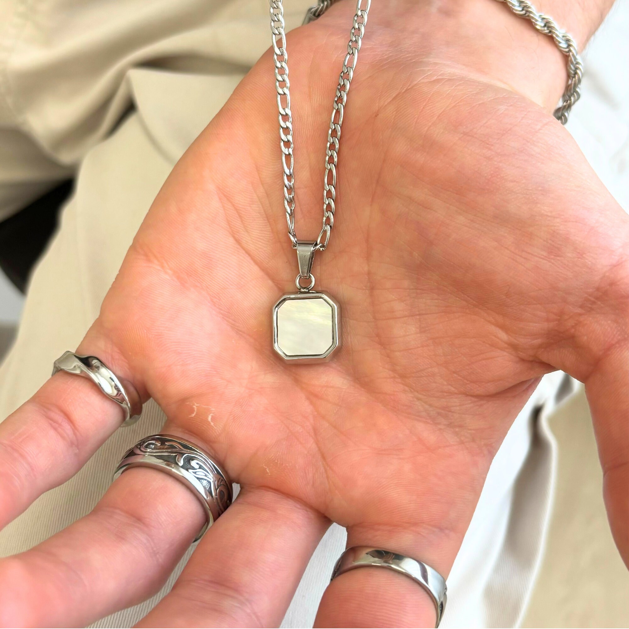 Mens Necklace Square Stone Pendants in Onyx, Moonstone and