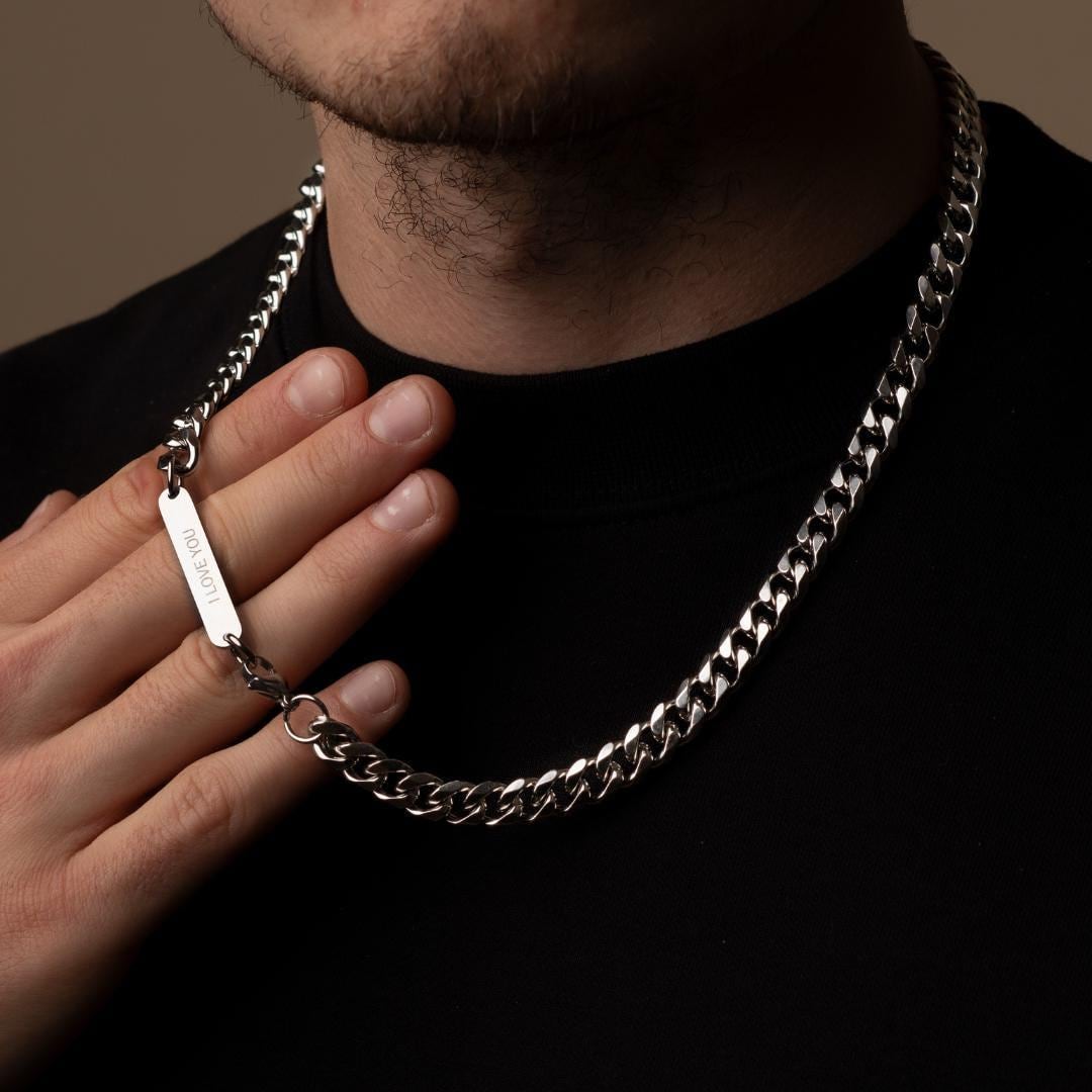 Personalised Thick 9MM Curb Link Chain, Mens Silver Necklace