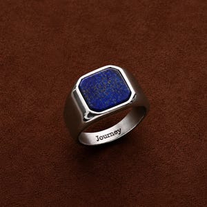 Mens lapis lazuli Ring, Silver Gemstone Signet Band, Engraved, Personalised