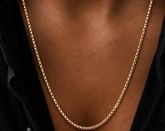 Men's 3mm Gold Personalised Box Chain Necklace, Square Link Chain, Minimal Men's Jewellery, Gift for Him