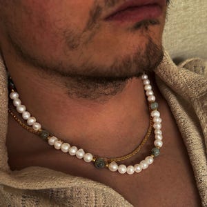 Herren Süßwasserperlen Halskette mit Labradorit Stein, echte Perlenkette Herren, 6 mm Perlen Perlenkette, Womans Unisex gravierbar Geschenk