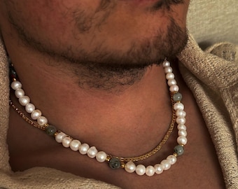 Mens Freshwater Pearl Necklace with labradorite stone, Genuine Pearl Necklace Men, 6mm beads Pearl Necklace, Womans Unisex Engrave-able Gift