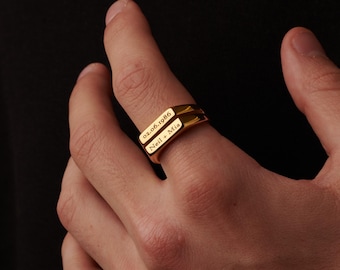 Double Rectangle Gold Signet Ring - Personalized Engraving Option