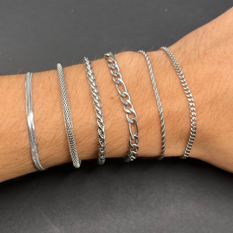 Pulsera de plata para hombre / cadena de bordillo / cadena de fígaro / cadena de cuerda / cadena bizantina / pulsera de cola de zorra / pulsera de serpiente / pulseras de cadena para hombre imagen 3