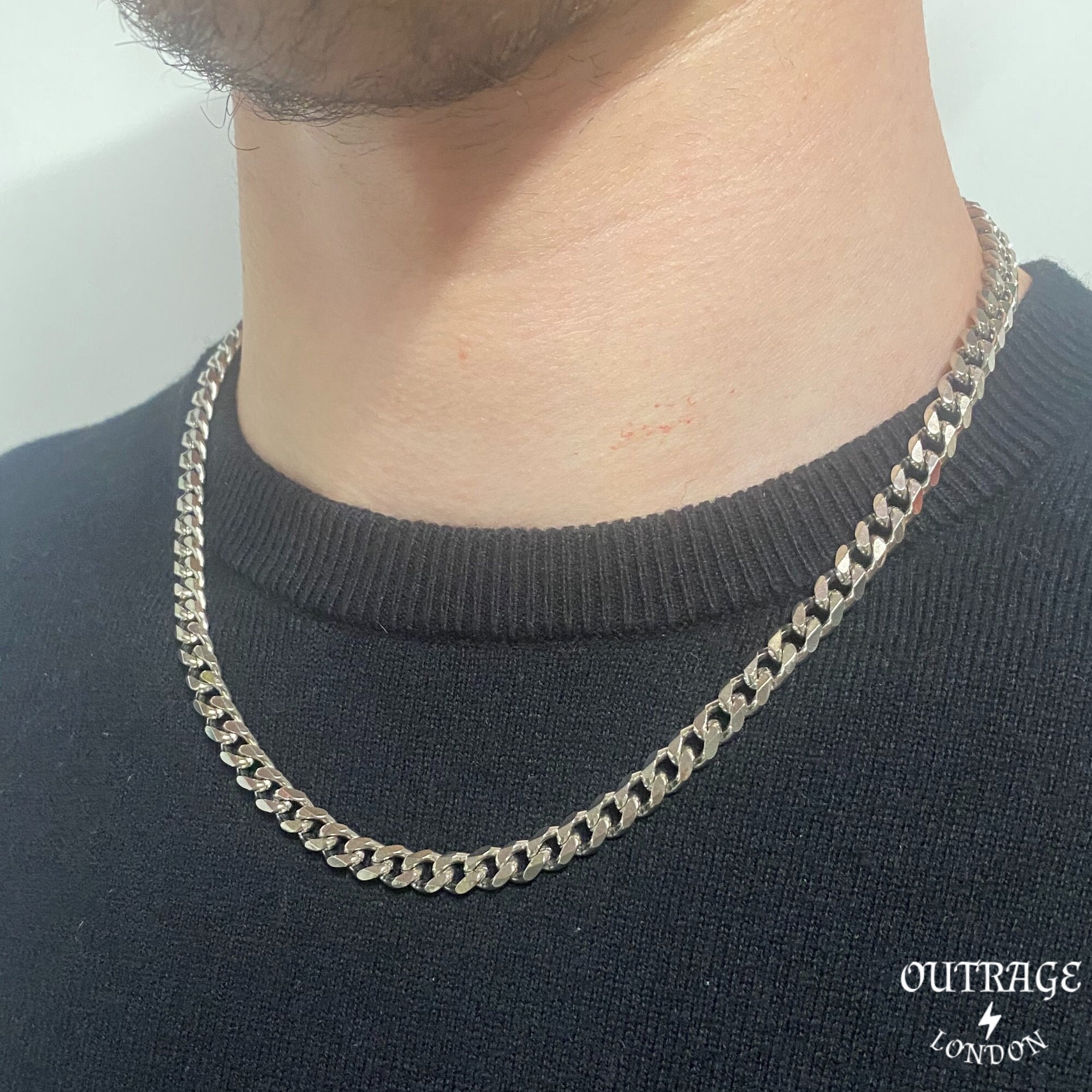 Silver 7mm 20inch Thick Choker Necklace Chain, Curb 7mm Stainless