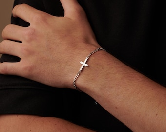 Engraved Silver Cross Bracelet: Stainless Steel Curb Link