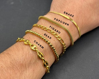 18K Gold Bracelets In Snake, Popcorn, Fiagro, Bead And Charm, Mens Womans Unisex Gold Bracelets, Jewellery Jewlery By Outrage London