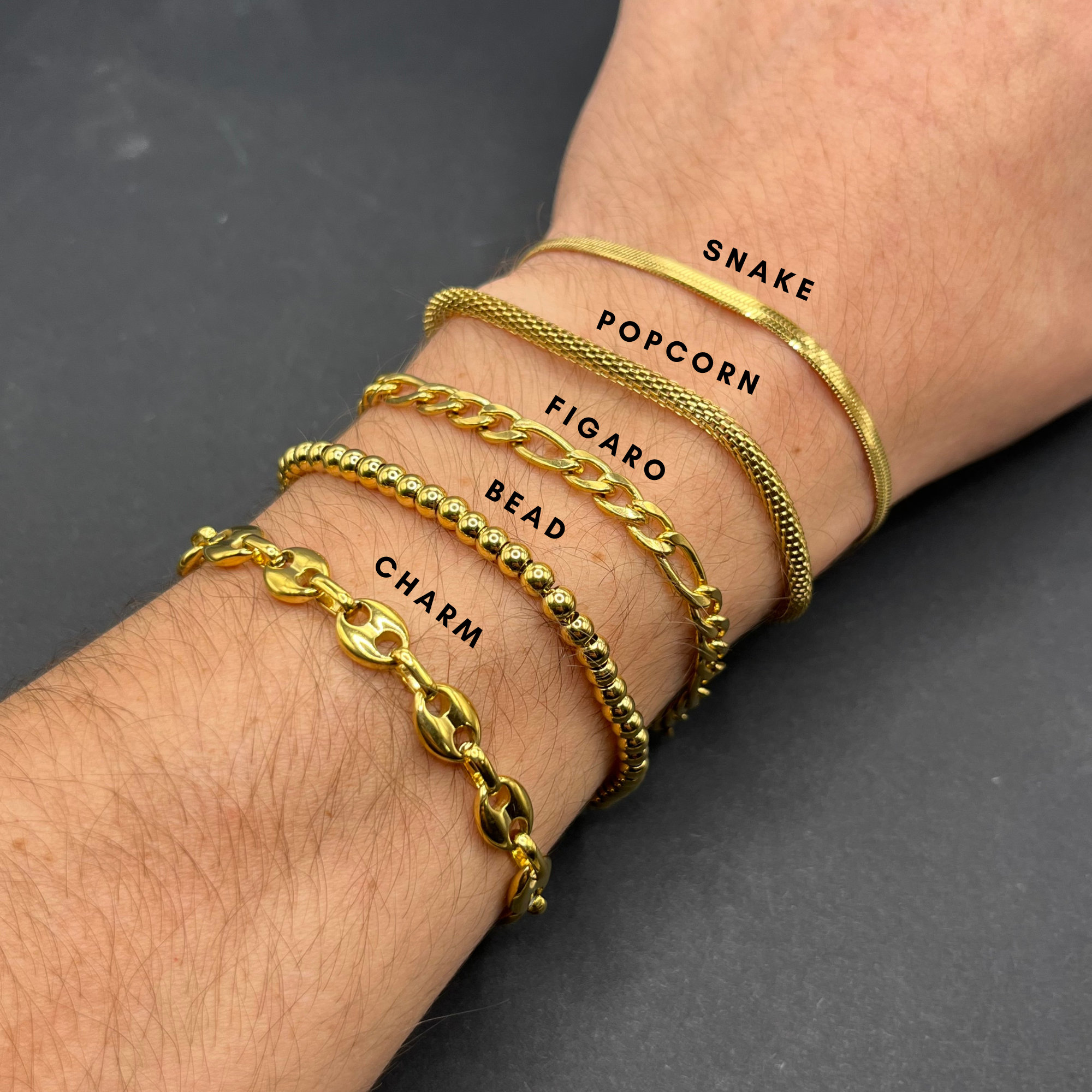 18K Gold Bracelets in Snake, Popcorn, Figaro, Bead and Charm, Mens