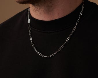 Collana minimalista in argento con graffetta, maglie larghe (barretta con incisione personalizzata)