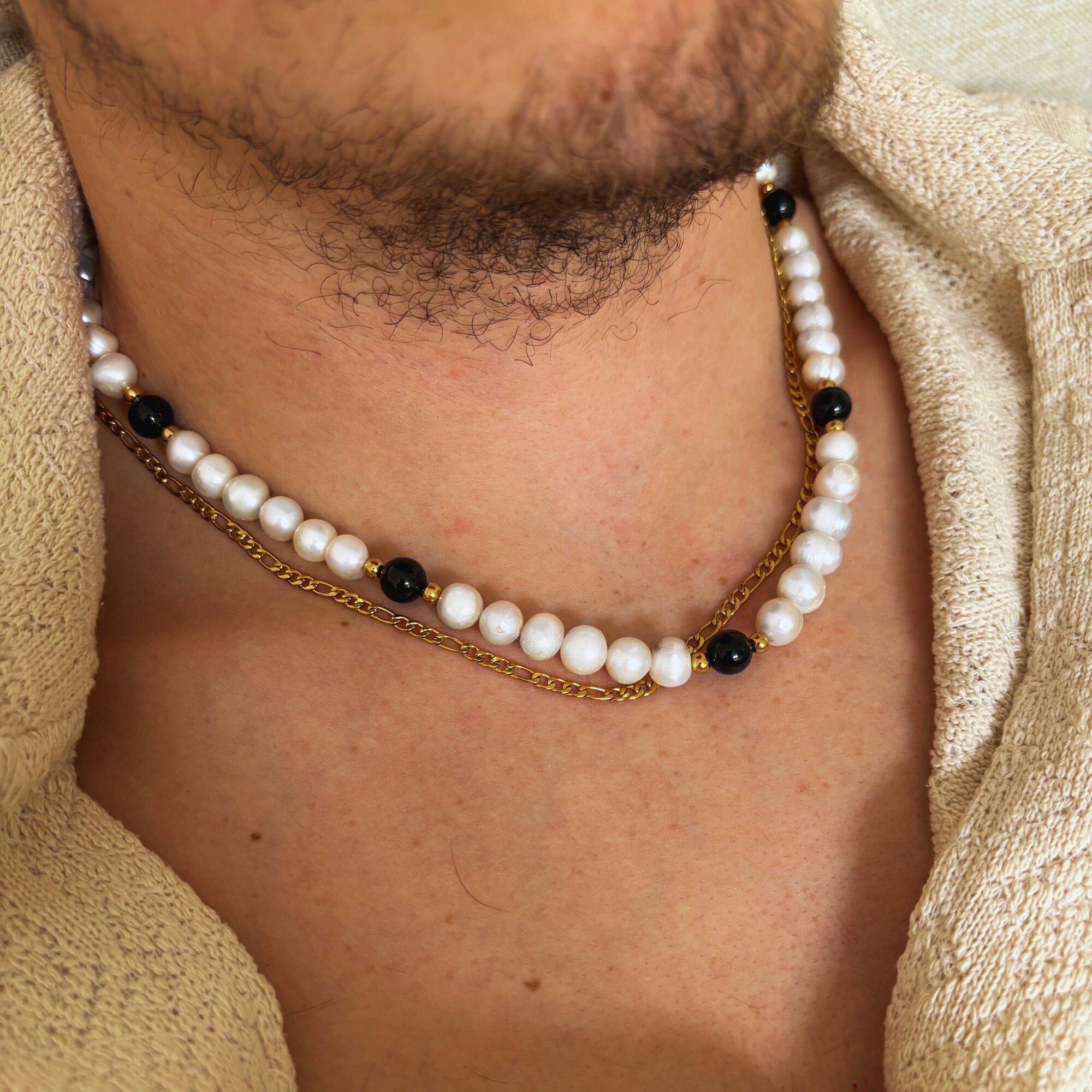 ネックレス・ペンダント AMBIENT 6mm PEARL NECKLACE Genuine 6mm Onyx Stone Handmade Freshwater Pearl Necklace