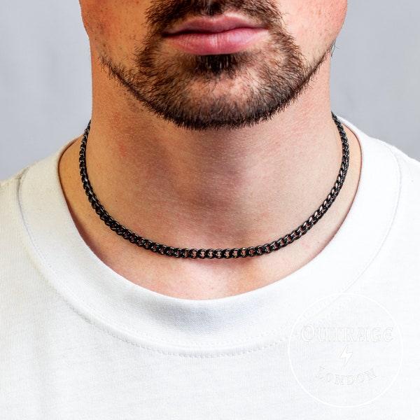 Collier ras de cou noir de 5 mm d'épaisseur, 16 pouces, chaîne fine en acier inoxydable de 5 mm pour homme, noir