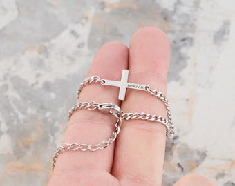 Engraved Cross Bracelet: Stainless Steel Curb Chain, Personalized