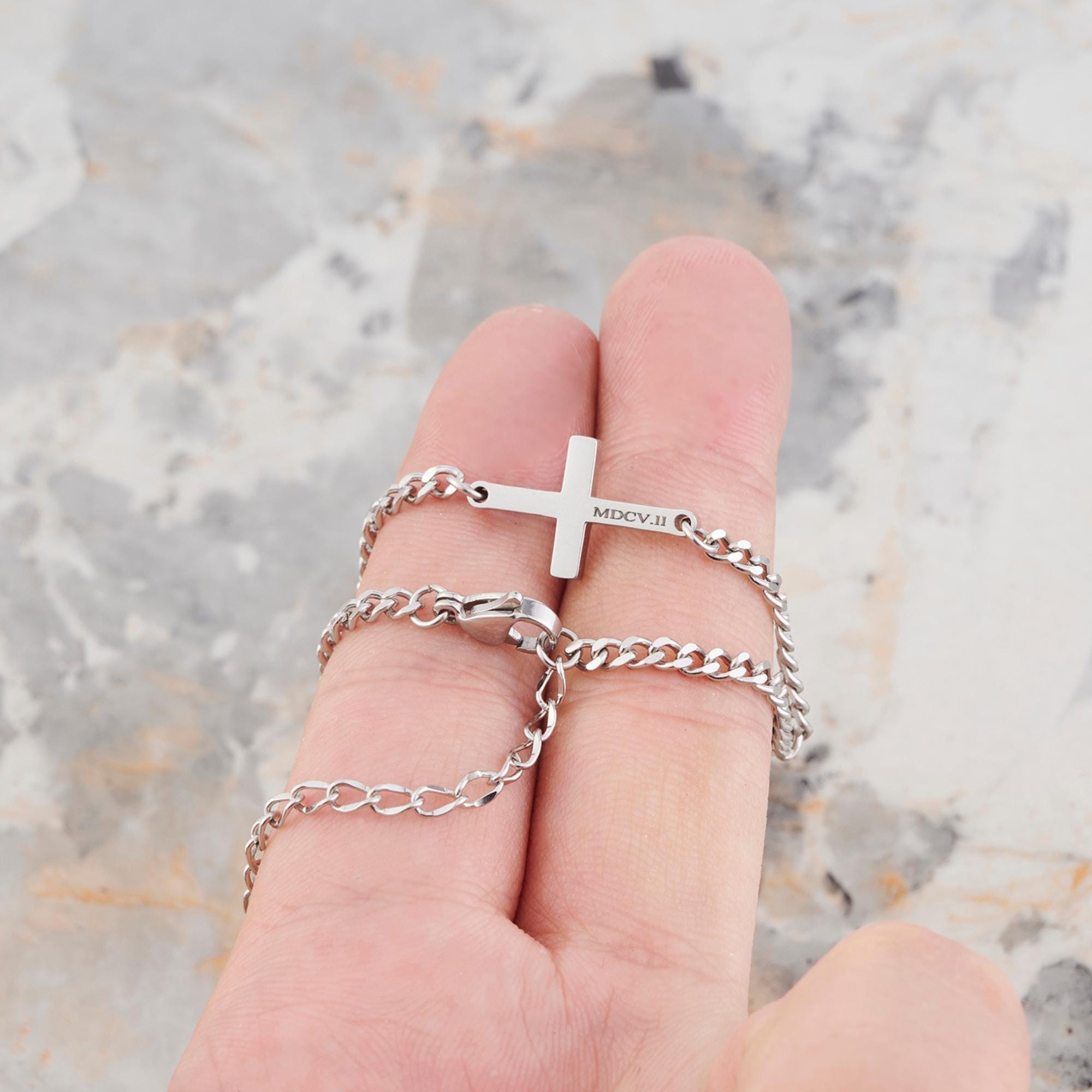 Engraved Cross Bracelet: Stainless Steel Curb Chain, Personalized