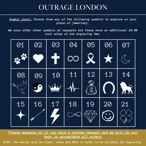 a collection of symbols, including a heart, a cross, a star, a moon, a lion, a bird, a lightning bolt, a bag of money, a crown, a lightning bolt, a four-leaf clover, a diamond, a smiley face, and a four-leaf clover. The symbols are arranged in a grid format, and there is a note that says "Please message us if you have a custom request and we will do our best to accommodate all orders."