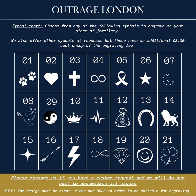 a collection of symbols, including a heart, a cross, a star, a moon, a lion, a bird, a lightning bolt, a bag of money, a crown, a lightning bolt, a four-leaf clover, a diamond, a smiley face, and a four-leaf clover. The symbols are arranged in a grid format, and there is a note that says "Please message us if you have a custom request and we will do our best to accommodate all orders."