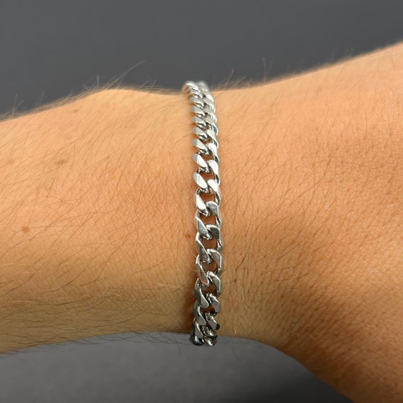 Mens Bracelet - Cuff Chain Bracelet Made Of Silver Plated Stainless Steel -  5mm Thickness Bracelet for Men - Fits 7-8 Wrist Size