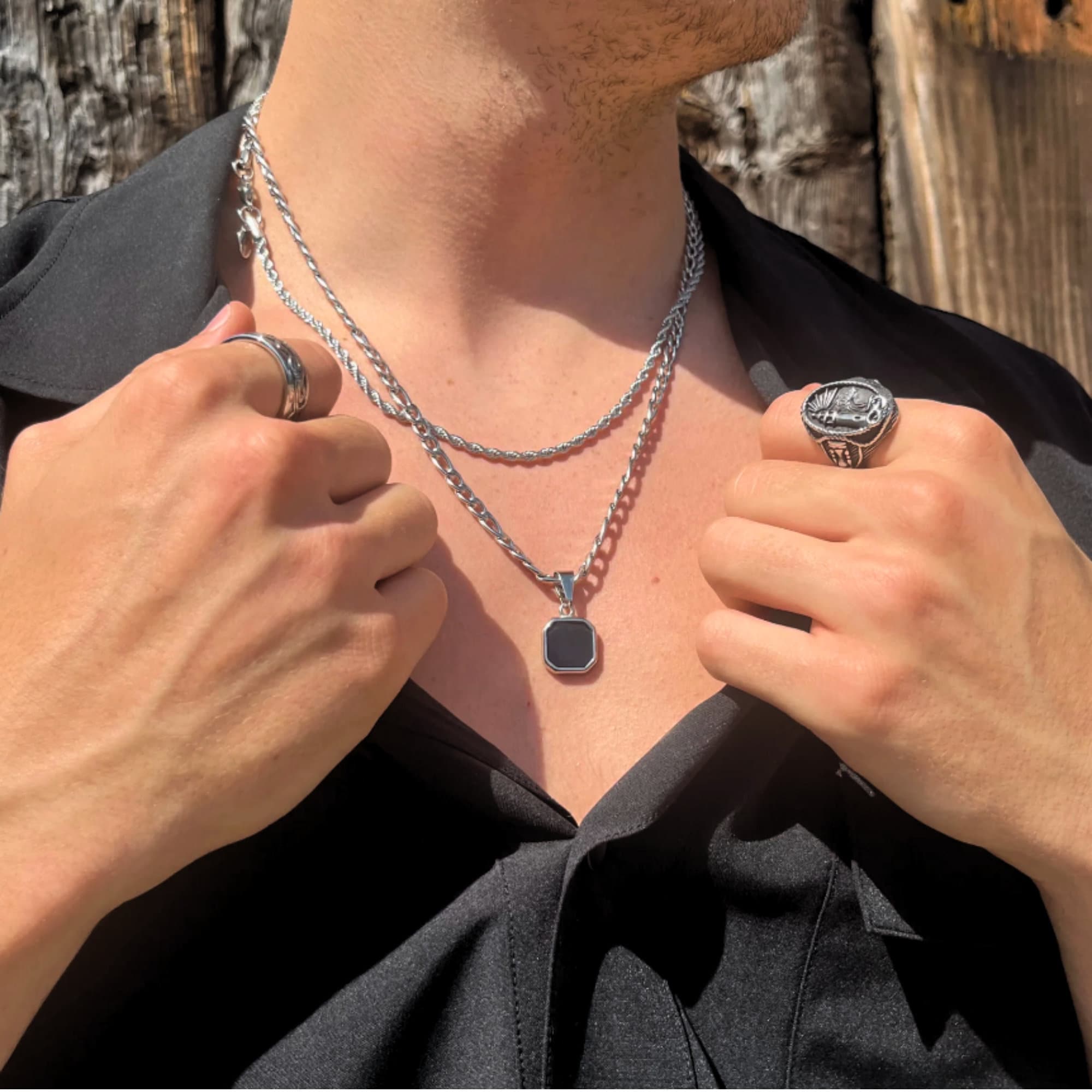 Mens Silver Chain Necklace Pendant, Silver Onyx Stone