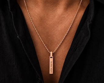 Engravable 4 Sided-Bar Pendant Necklace, Rose Gold Pendant with Custom Engraving, Family Name Pendant, Personalised Jewellery, Gift for Him