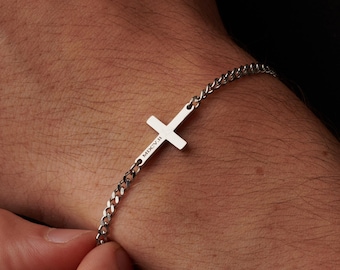 Personalisiertes Armband mit Gravur aus Silber Kreuz: Panzerkettchen aus Edelstahl, Personalisierter Schmuck