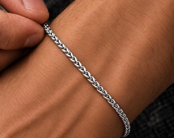 Men's 3mm Silver Personalised Wheat Chain Bracelet | Slim Interwoven Links | Gift for Him