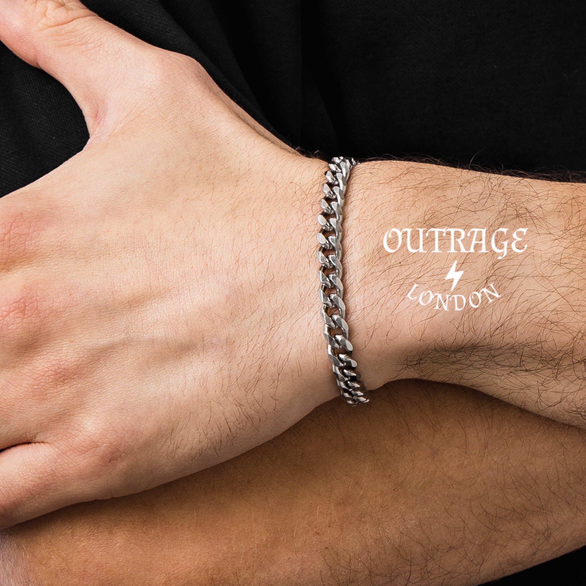 Mens and Womans Silver Curb Bracelet, 7MM Mens Silver