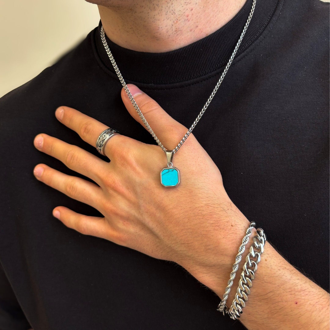 ターコイズストーンメンズネックレスペンダント（シルバー）、メンズ