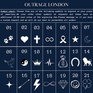 May include: A dark blue chart from Outrage London featuring various white symbols for jewelry engraving. Symbols include paw prints, a heart, a cross, an infinity symbol, a ribbon, a star, a crescent moon, a dove, a yin-yang, a crown, a heartbeat, a money bag, a horseshoe, a lion, a starburst, an arrow, a lightning bolt, an infinity symbol with the word "love", a diamond, a smiley face, and a four-leaf clover.