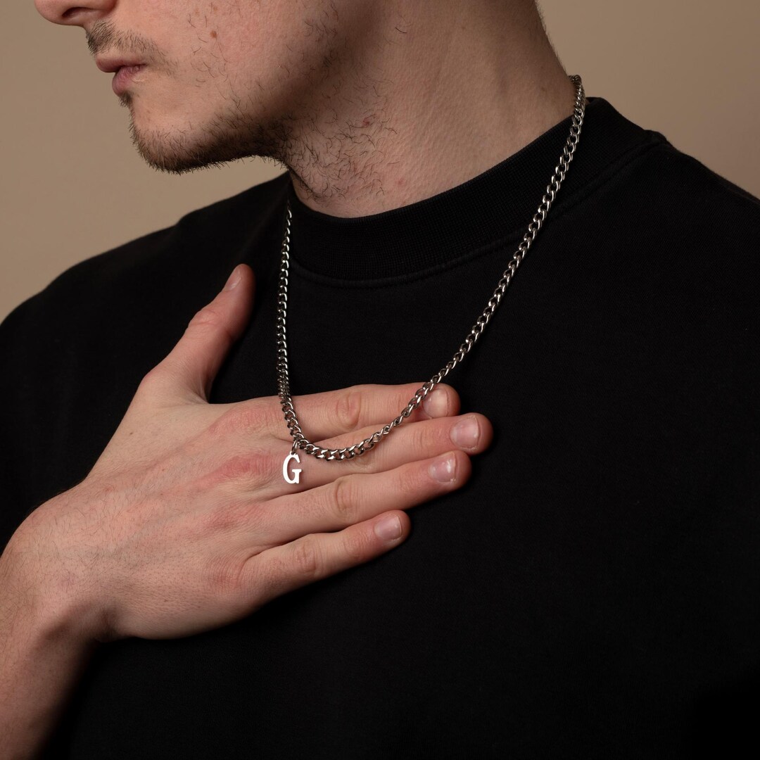 Custom Initial Pendant Chain Necklace in Silver, Mens Initial Pendant ...
