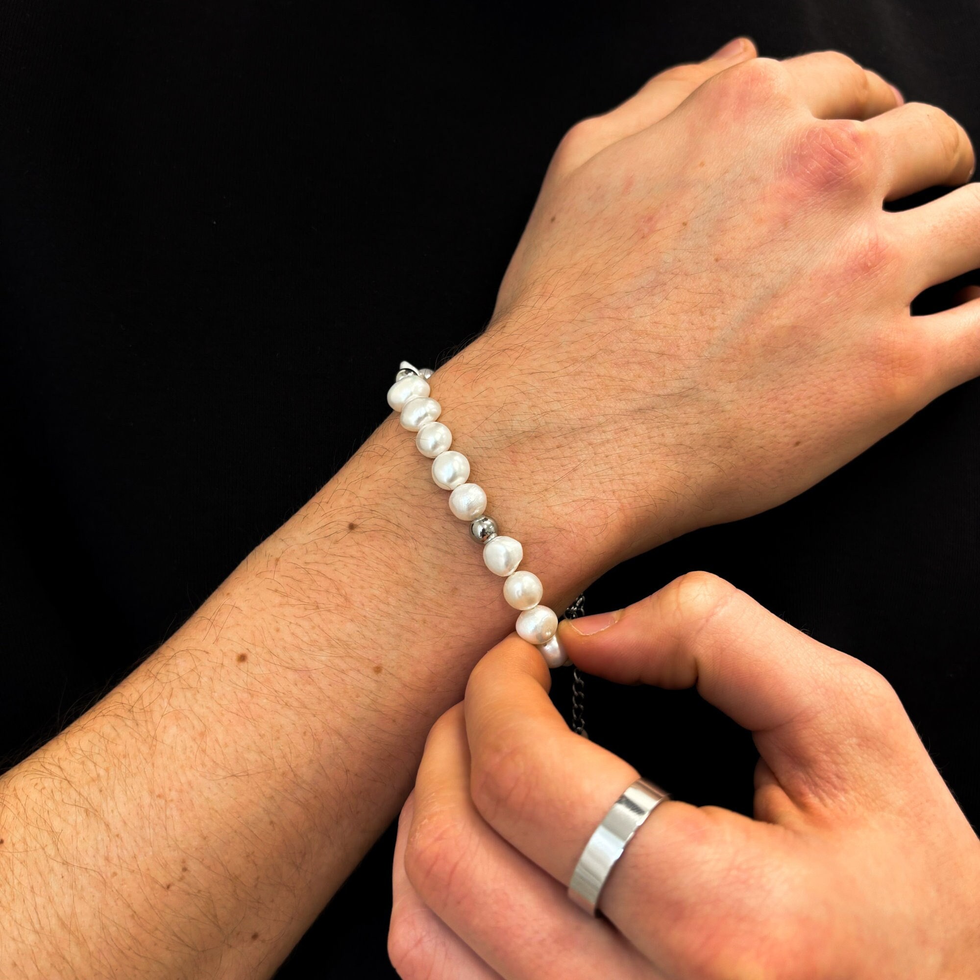 Natural Freshwater Pearl Bracelet With Silver Beads, Mens Woman's