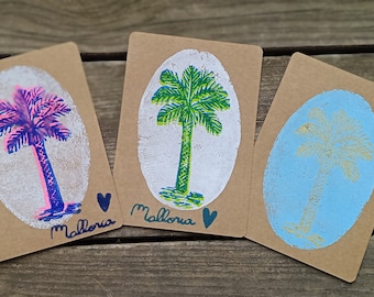 Palm tree postcards, set of 3, unique hand-printed cards, souvenir from Majorca, exotic cards, art and collection, lino block