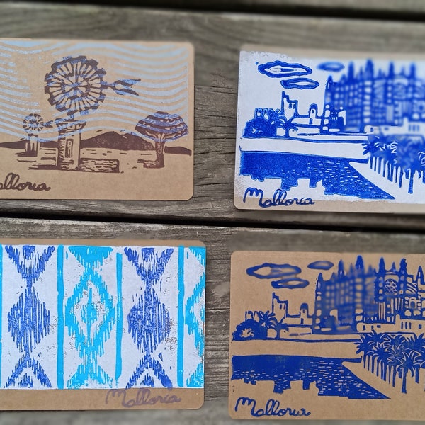 Cartes postales de Majorque, lot de 4 cartes, Cathédrale de Palma, moulin, à vent, monument des Baleares, souvenir de Majorque, carte d'art