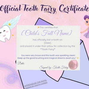 Certificat officiel de fée des dents - Souvenir magique imprimable et modifiable pour les enfants