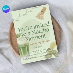 Bewerkbare matcha-uitnodigingssjabloon – minimaal thema groene thee – moderne boho-uitnodiging – digitale download Canva + GRATIS DANK-JE-kaartontwerp