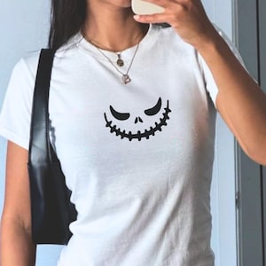 Halloween Embroidered Baby Tee, Spooky Monster Women&#39;s Halloween T-Shirt, Scary Baby Tee, Ghost Skeleton Shirt, Embroidery Halloween Shirt